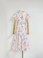 Robe élégante à col montant manches courtes taille haute bouton épissé robe mi-longue femme nouveau