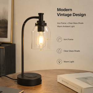 Lampe de table vintage moderne en fer avec abat-jour en verre transparent E27, lumière chaude, base de charge sans fil pour chambre à coucher, chevet - Product Image 2