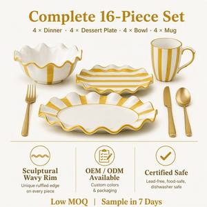 OEM ODM Nouvelle vaisselle en porcelaine fine 16 pièces, motif rayures soleil, peinte à la main, <span class=keywords><strong>assiettes</strong></span> en porcelaine à imprimé rayons de soleil jaunes, portables et réutilisables - Product Image 5