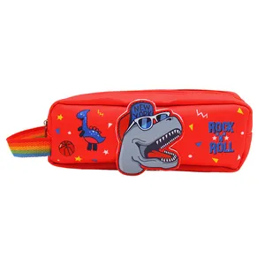Dynamic Dino-Themed Pencil Case with Lanyard - Vibrant Red Organizer with Basketball and Rock & Roll Motifs for School
