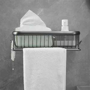 Zinc Alloy Polished Gun Gray Modern Bathroom Rack Square Mesh <b>Basket</b> Wall-Mounted <b>Shelf</b> with Hook and Towel Bar - Product Image 3