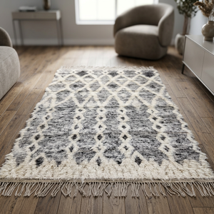 Alfombra de Lana Gris Blanca con Patrón Geométrico Marroquí Trenzado, Alfombra Afelpada con Flecos, Decoración Personalizada para Sala de Estar, Dormitorio, Pasillo - Product Image 2