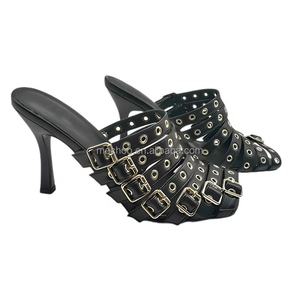 Boucle noire strappys femmes mules à talons hauts pantoufles fétiche filles 2024 sandales pour femmes - Product Image 1