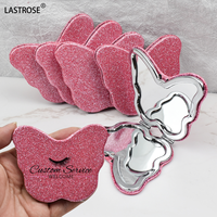 Miroir double face papillon rose vif de marque privée miroirs portables personnalisés miroir pliant en métal en cuir PU de maquillage