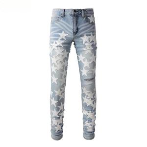 Pantalones vaqueros desgastados ajustados para hombre, Parche de estrella, cremallera en la entrepierna, diseño elástico rasgado, ropa informal estilo Hip Hop para invierno - Product Image 1