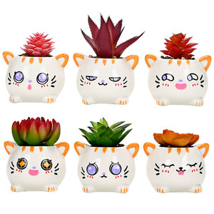 Ensemble dessin animé chat mignon animal succulent pot de fleur en céramique (plante non incluse) lot de 6 pièces - Product Image 1