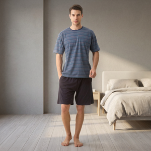 Ensemble de pyjama long décontracté pour homme en jersey tricoté 100 % coton teint en fil, confortable et respirant, à manches courtes et rayures - Product Image 3