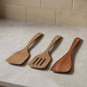 Ensemble de spatules en bois d'acacia JM Premium, 3 pièces, résistantes à la chaleur, ustensiles de cuisine, spatule ajourée, antiadhésives, logo personnalisé - Product Image 3