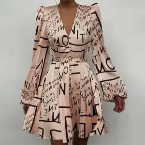 Yeni yaz moda tasarımı baskılı gündelik elbise fener kollu fermuar özelleştirme saten kadın Midi son elbiseler baskı