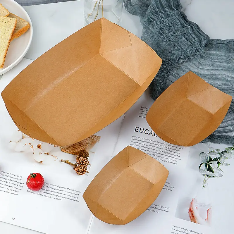 ถาดใส่อาหารทำจากกระดาษคราฟท์แบบใช้แล้วทิ้ง,กล่องใส่อาหารเกรดอาหารสีน้ำตาลแบบสั่งทำทรงเรือกล่องใส่ของทอดแบบฝรั่งเศส
