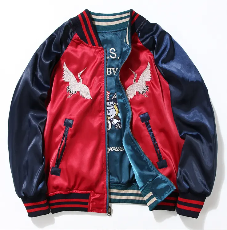 Custom Bomber Jacket Coat Embroidered Satin Baseball Reversible Running Jacket 100% Polyester Plus Size Men's Windbreaker Jacket