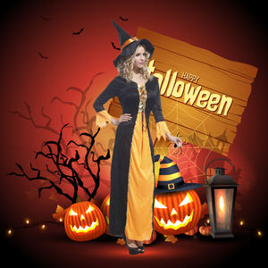 Halloween naranja bruja túnica mujeres adultas Cosplay fiesta <span class=keywords><strong>disfraces</strong></span> bonita bruja - Product Image 1