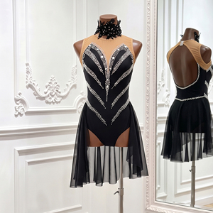 Robe lyrique noire pour femmes, motif en strass, jupe en maille, costume de danse jazz, tenue de scène pour compétition adulte - Product Image 3