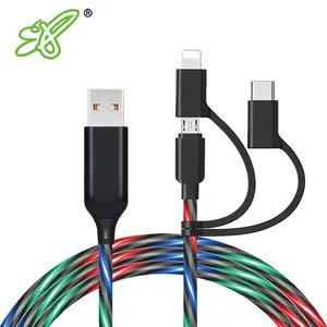 Kabel USB pengisi daya Cepat 3 in 1, aksesori ponsel lampu mengalir Led bercahaya Tipe C pencahayaan mikro kabel Data