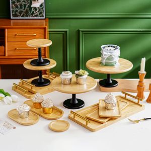 Bamboo Dessert Stand Tiered With Handle For Home Tea Party Serving Trays Multifunctional Decorative Wooden Pattern - Product Image 1
