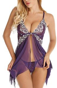 Lingerie Wanita Seksi Satin Berenda Set G-String Kancing Depan Renda Bunga Bernapas Ringan Setengah Baju Tidur Laris Manis - Product Image 2