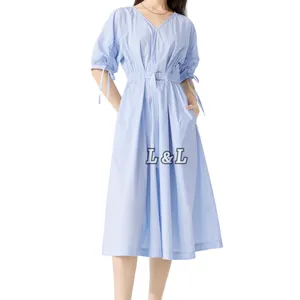 Linda Fashion Guangzhou Factory High Quality Woven 100% Cotton V Neck Light Blue Shirt Dresses for Women