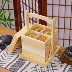 Caja de madera estilo chino para pasteles de luna con tapa y compartimentos, rectangular, color madera natural, caja de almacenamiento con múltiples divisiones. - Product Image 1
