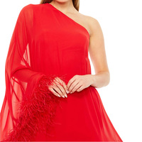 Mousseline de soie personnalisée de haute qualité une épaule robe trapèze rouge garniture de plumes d'autruche femmes Mini robe