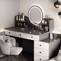 Coiffeuse moderne en panneaux de pin avec miroir éclairé réglable, sensation de luxe haut de gamme, pour chambre à coucher et usage hôtelier