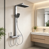 Mitigeur de douche thermostatique moderne pour salle de bain, double poignée, jet de pluie et jet doux, finition laiton poli, avec robinets sur pied
