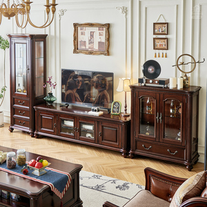 Mueble de TV de Madera Maciza Estilo Americano con Mesa de Centro y Combinación de Mueble Bajo, en Madera de Seda Dorada, Hecho en Shanghái, Marca Ameri - Product Image 3