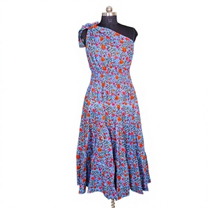 Robe de plage midi pour femme, taille élastique, style cocktail, faite à la main, épaules dénudées, 100% coton, imprimé floral, style vintage, lavable - Product Image 1