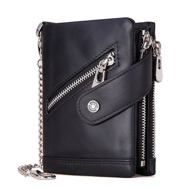 2023 Hot Sale Vintage Zipper Crazy Horse Cowhide Leather Chain Luxury Purse Genuine Leather RFID Gents Mens Slim Short
