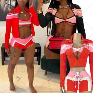 <span class=keywords><strong>Set</strong></span> di pantaloncini sportivi in colore a contrasto con cerniera 2025 donna <span class=keywords><strong>Cardigan</strong></span> Cropped reggiseno <span class=keywords><strong>top</strong></span> Shorts 3 pezzi - Product Image 3