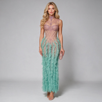 Robe de sirène vert menthe à volants, corsage en maille transparente rose orné de cristaux, robe de scène de showgirl, robe de bal en mousseline de soie longue jusqu'au sol