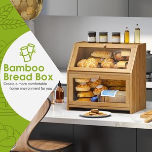 Doppio strato cucina controsoffitto in legno di bambù scatola di pane con porta <span class=keywords><strong>trasparente</strong></span>, fattoria pane contenitore con tagliere - Product Image 2
