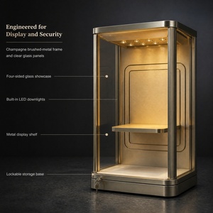 Vitrine sur pied avec éclairage LED, en acier inoxydable brossé couleur champagne, porte en verre verrouillable, pour bijoux - Product Image 2
