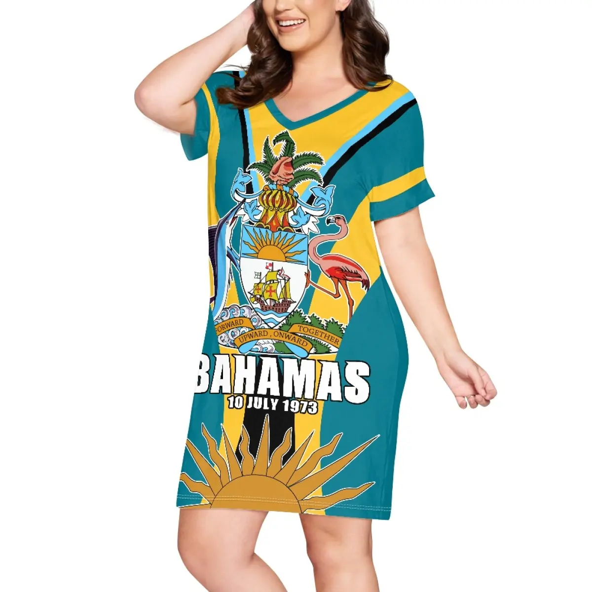 Logotipo DE LAS Bahamas Elegante Vestido de manga corta Vestido MIDI Fabricantes de ropa Verano Bahamas Tallas grandes Vestidos Acampanados para mujer