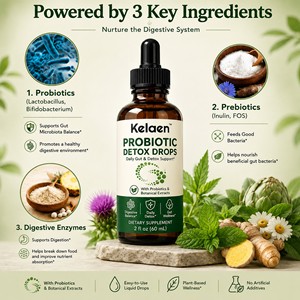Kelaen Probiotic Detox Drops, complément liquide avec prébiotiques, enzymes digestives et extraits végétaux, 60 mL, soutien digestif quotidien - Product Image 2