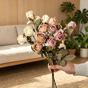 Rose artificielle simple tige 5 têtes petite rose fleur de table décoration maison mariage - Product Image 2