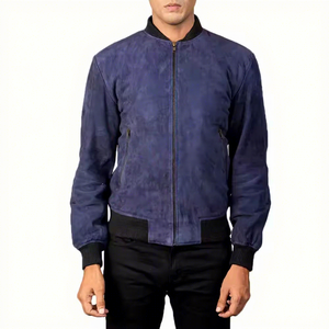 <b>Mens</b> Real <b>Suede</b> Leather Bomber <b>Jacket</b> Blue Ribbed Collar Zip Pockets Sheepskin Navy Casual Coat Custom Vintage Winter Outerwear - Product Image 1