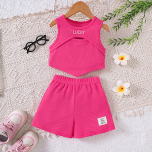 Export Girls Casual Vest Shorts Suit for Spring Summer New Waffle Design Small Medium-Sized Knitted Fabric Tz1333-D - Product Image 1
