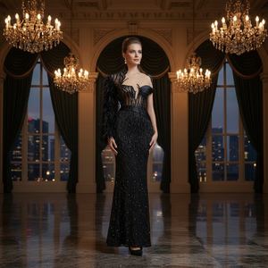 New Arrival V-neck Sequined Lace Polyester Mermaid Floor-Length Wedding Ball Gown Beading Built-in Bra Handmade Embroidery - Product Image 3