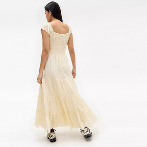 Vestido Midi Australiano Blanco de Estilo Francés con Cuello Cuadrado, Manga Abullonada, Línea A, Transpirable y con Cordón Ajustable, Ideal para Vacaciones, ODM - Product Image 5