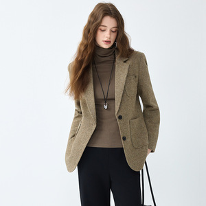 Khaki Wool Blazer Women Solid Color Mid Length With Pockets And Buttons No Wrinkle Treatment Autumn Winter Coat - Product Image 4