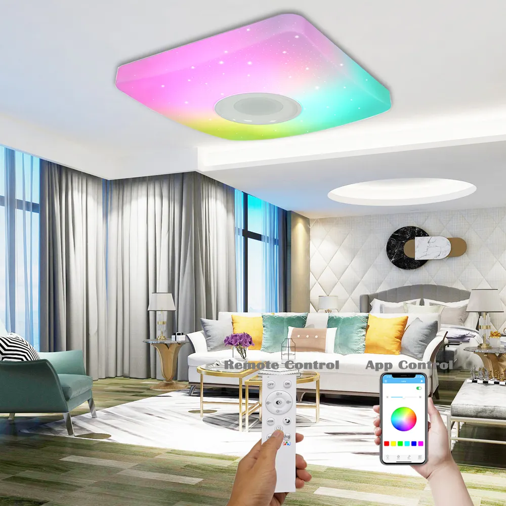 Rgb Music Bluetooth Speaker Square Slim Remote Control Dimmable Ceil Lamp Flush Mount Modern Lighting Fixture Led Ceiling Light