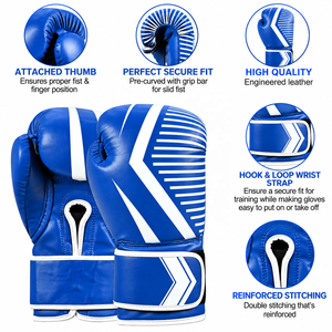 Gants de boxe en cuir bleu avec sangle de poignet auto-agrippante, coutures renforcées, unisexe, qualité supérieure, respirants, à doigts entiers - Product Image 1