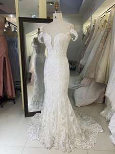 Elegante abito <span class=keywords><strong>da</strong></span> sposa a sirena con volant in pizzo ricami a scollo a V con Design sottile manica corta per le spose - Product Image 6