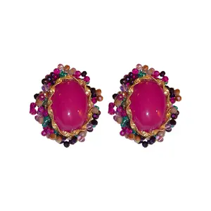 Vintage Retro Diamond Earrings Silver Needle Purple Red Statement Earrings Crystal Beads Round Stud Earrings For Woman Gift