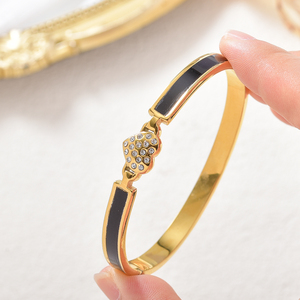 anti-fade glossy 18k gold custom bulk wholesale delicate heart <b>crystal</b> streamlined black enamel timeless chic bangle <b>bracelet</b> - Product Image 2