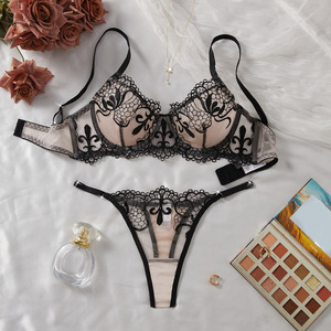 Conjunto de Lencería Íntima Transparente en Negro y Rojo, Conjunto de 2 Piezas, Lencería Sexy de Encaje con Bordado de Malla - Product Image 3