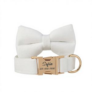 Collar y Correa para Cachorro con Lazo de Terciopelo Personalizado, Diseño Sólido y Hebilla Metálica con Nombre Grabado - Product Image 1