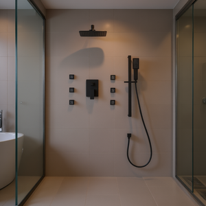 Ensemble de robinetterie de salle de bain mural moderne, système de douche à 6 jets, finition noir mat, construction en laiton rectangulaire - Product Image 2