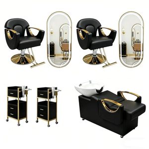Ensemble de mobilier de salon moderne noir et or : Fauteuil de barbier hydraulique, Miroir LED, Unité de lavage, Chariot - Product Image 1