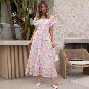 Robe d'été bohème pour femme, col halter, à lacets, col en V, manches mi-longues, fendue, coupe trapèze, taille haute, écologique, respirante, avec lien à nouer à la taille, idéale pour les vacances - Product Image 4